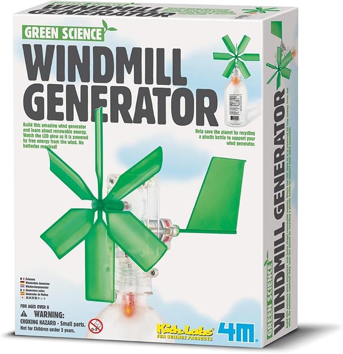 4M Toysmith, Green Science Windmill Generator Kit, DIY Science Kit With LED Lights, For Boys & Girls Ages 8+ (Packaging May Vary)