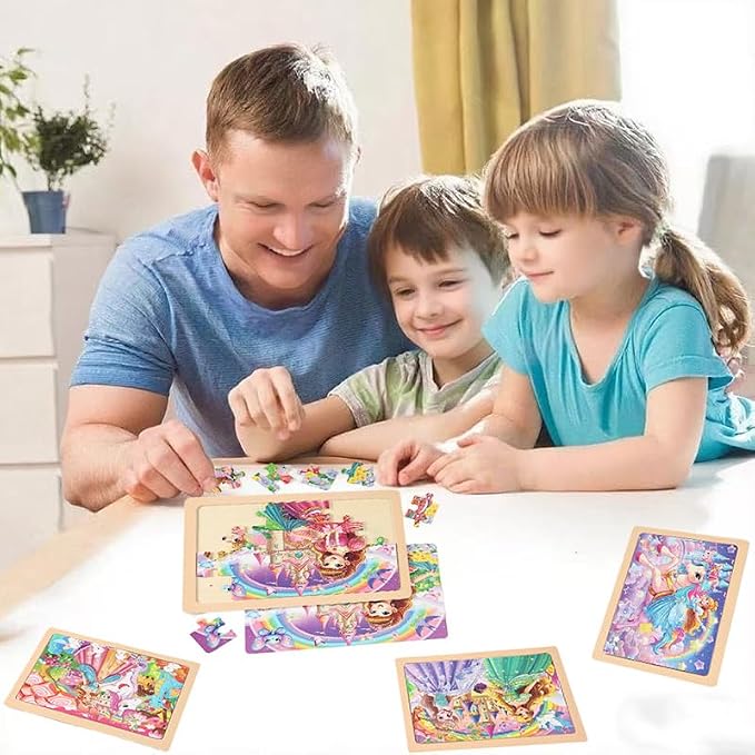jWooden Puzzle for Kids 4-6 Years Old, 4 Pack of 24 Pieces Unicorn Princess Fairy Puzzle, Preschool Education Brain Teaser Toy for 3 4 5 6 Year Old Girls.