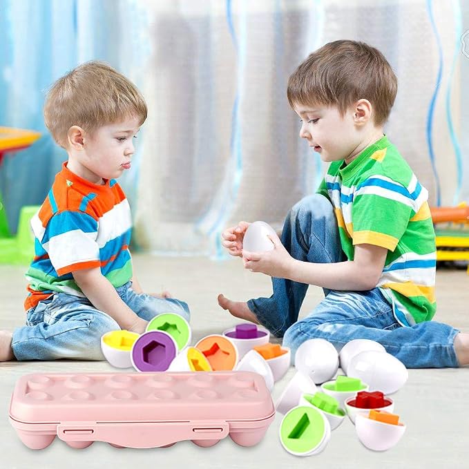 Hhyn Color Shape Matching Eggs, Pink, 12 Eggs | Preschool Learning Educational Sorting, Easter Eggs Toys Gift, Recognition Skills for Kids Boys Girls with Eggs Holder