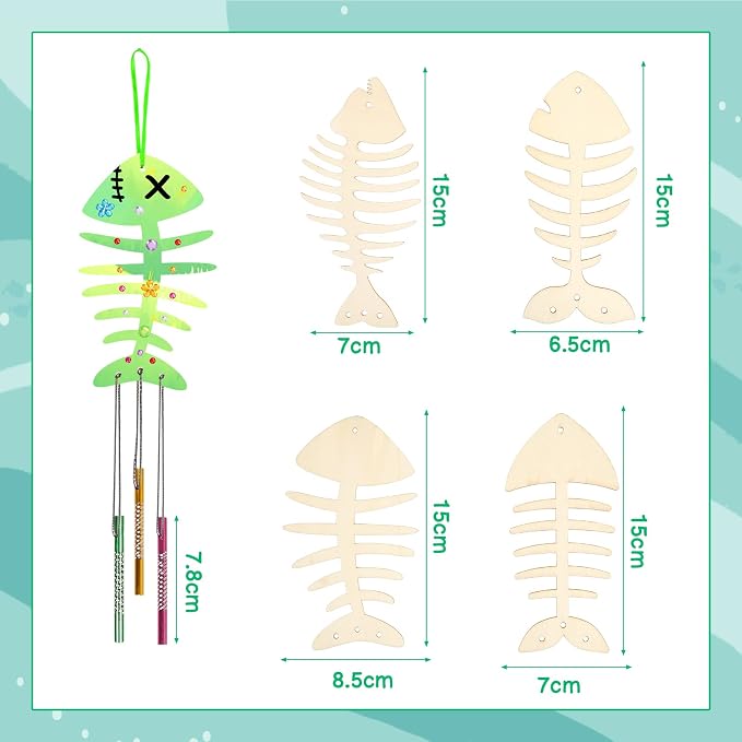 Fennoral 12 Pack Fish Bone Wind Chime Craft Kit for Kids | Make You Own Wooden Arts and Crafts Ornaments DIY Coloring for Classroom Art Activities Birthday Party Gifts