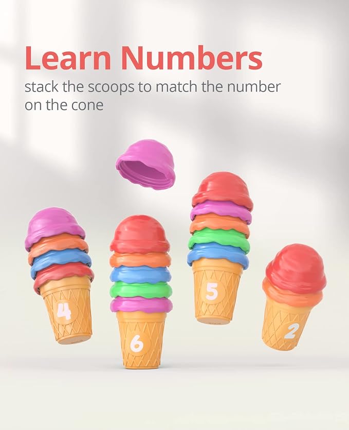 JoyCat Ice Cream Preschool Learning Activities Counting and Color Sorting Set Stacking Toys for Kids 3-5, Educational Fine Motor Skills Toys, 65PCS Math Manipulatives | Stack scoops, match colors and serve pretend ice cream while practicing counting an...
