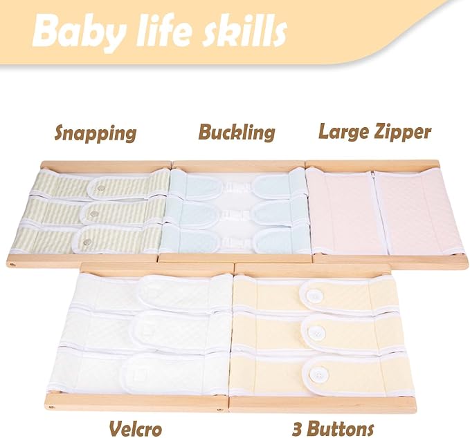 Montessori Wooden Toys for Dressing Learning Board Learning Basic Dressing Skills - Buttons, Snaps, Zippers, Belt Buckles for 1 2 3 Year Old Toddlers Sensory Toy Gifts(3 Buttons)