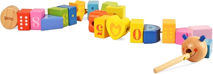 Caterpillar Lacing Toy, Wooden Threading & Stacking Beads for Toddlers | Nine numbered blocks among the 20; varied shapes and colors; counting, fine motor skills, dexterity and hand-eye coordination