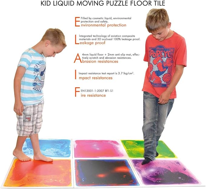 LONGKING Liquid Sensory Tiles, 12"x12", Blue | Sensory floor tiles, soft liquid gel, 12"x12", color movement play mat, playroom classroom daycare