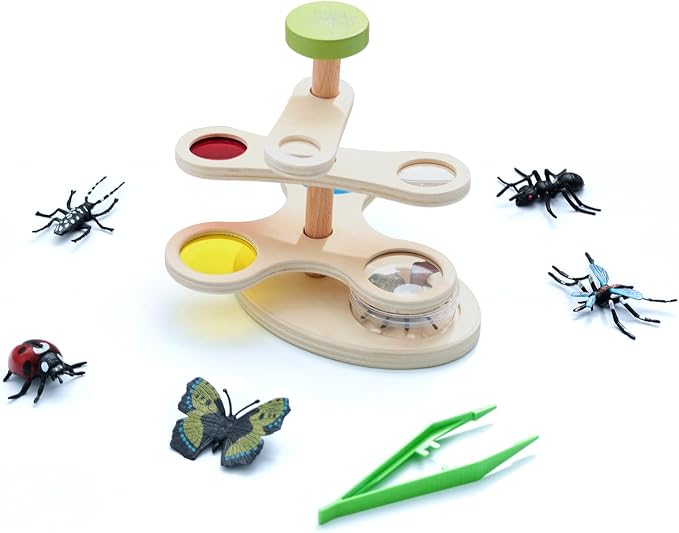Insect Observation Kit for Kids, Multi-Magnification Rotating Viewer with Color Filters, Wooden STEM Nature Exploration Science Toy with Tweezers, Petri Dish and 6 Insect Models, Gift for Ages 4-8