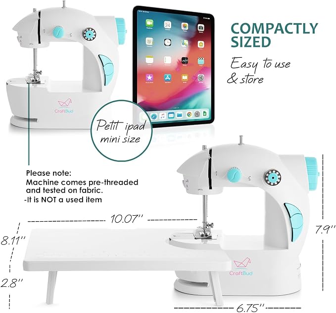 CraftBud Mini Sewing Machine for Beginners, Adults and Kids Sewing Machine | 122-Piece Sewing Kit Accessories, Portable, Dual Speed, Extension Table, Foot Pedal, Built-in Light, Guide Book & More, White