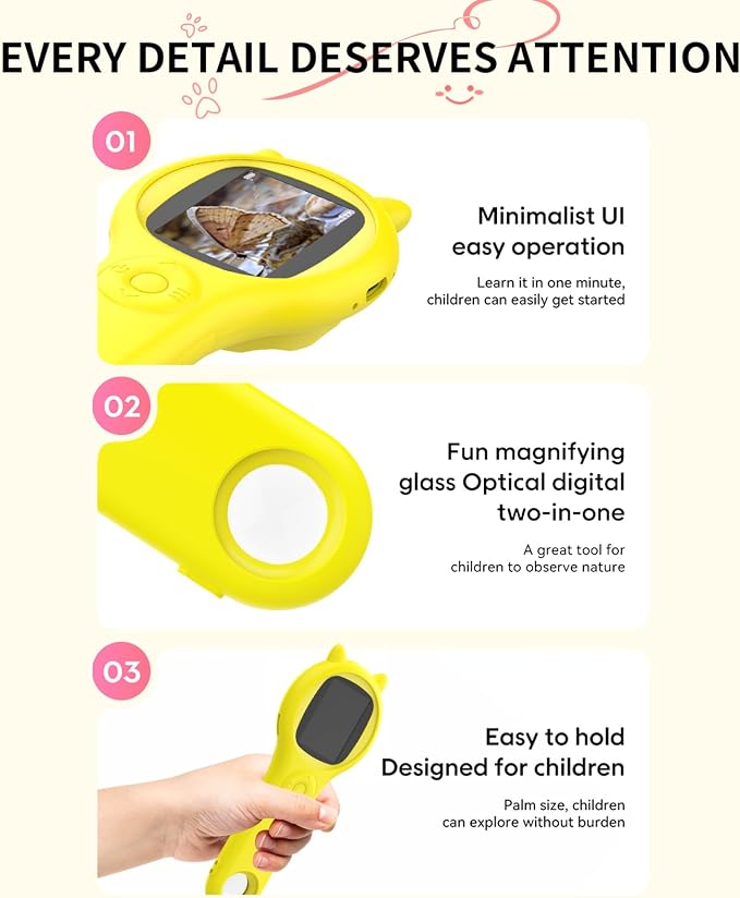 Kids Microscope for Summer Vacation, 500X Portable Digital Microscope with 2" IPS Screen, Beach Nature Discovery STEM Toy for Kids Age 5-12 (Yellow)