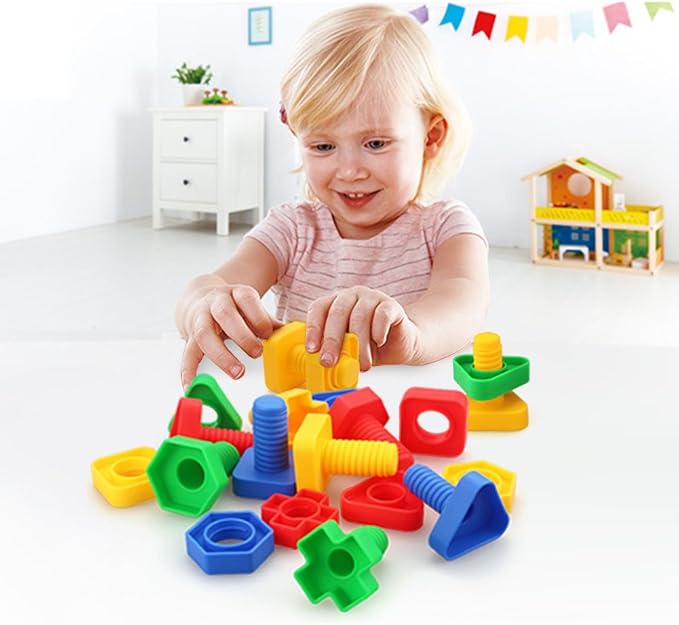 LotFancy Nuts and Bolts, 24pcs Fine Motor Skills Occupational Therapy Toys for Kids, Shapes and Colors Matching Toys, Montessori Building Construction Game with Storage Box for Baby and Toddlers