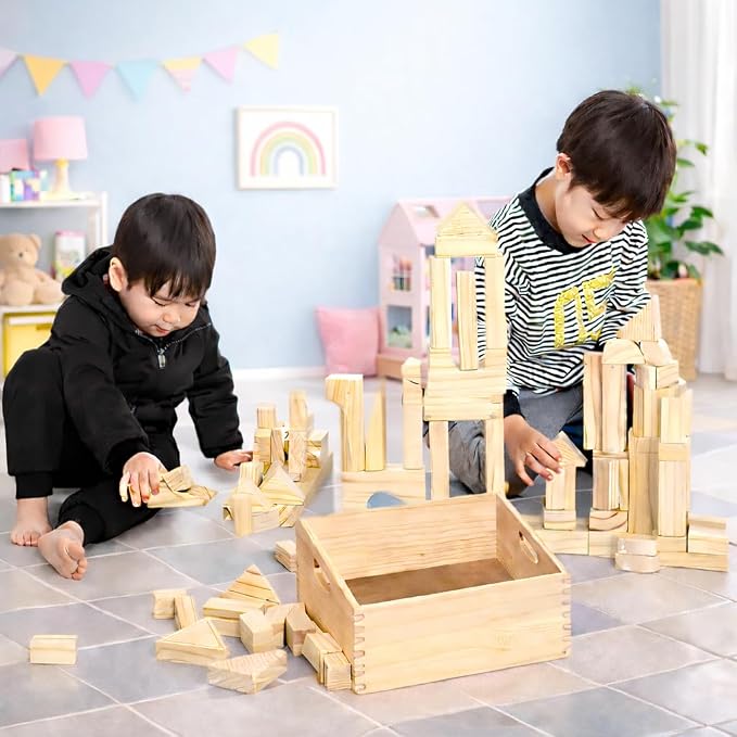 Standard Unit Building Blocks for Toddlers with Storage Tray (64 Pcs) Sanded Wood Blocks for Children, Original STEAM, and STEM Learning, Classic Wooden Toys for Kids Parties and Classrooms
