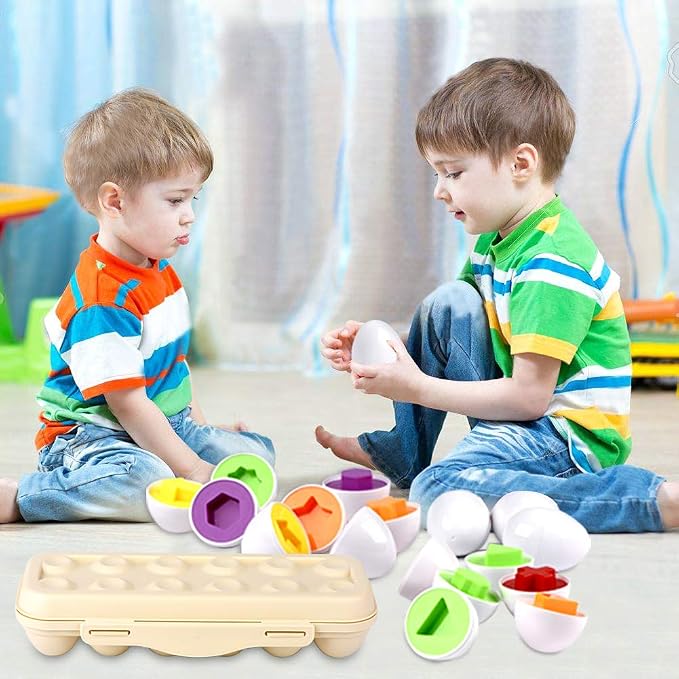 Hhyn Matching Eggs Set with Beige Eggs Holder, 12 Eggs | Egg Toys, Learning Shapes and Colors, Educational Puzzle Sorting Games, Improve Motor Skills for Kids Easter Gift