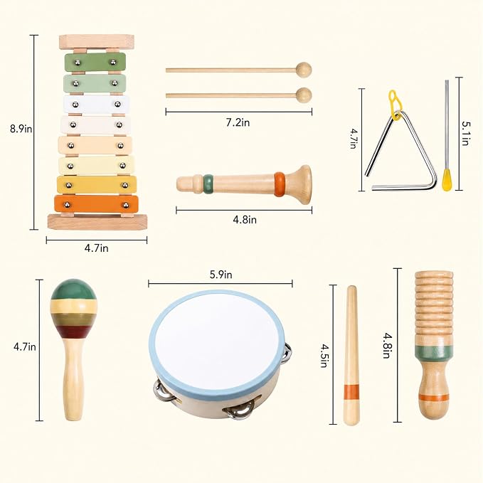 Wooden Musical Instruments, 12-Piece Montessori Percussion Set for Kids 3+ | No batteries required, combining melody, rhythm and varied sounds through open-ended exploration