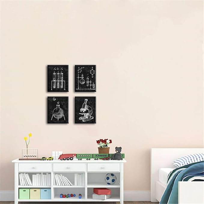 Chemistry Wall Art Black and White Science Exploration Decor 10x8Inch | Science Classroom Art Pictures for Lab Kids Playroom Bedroom Classroom Bulletin Board Decor, Set of 4 Framed