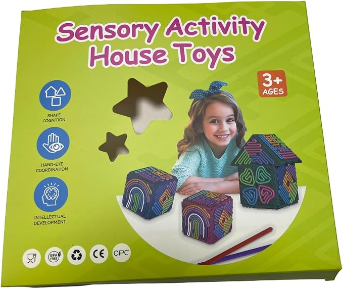 Premium 3D Autism Sensory Activity Board, Durable Silicone Fidget Toy, Puzzle House Block Set with 30 Strings, Press Loop Fill Pattern, Calming Stress Relief for Autistic Kids 3+ and Adults