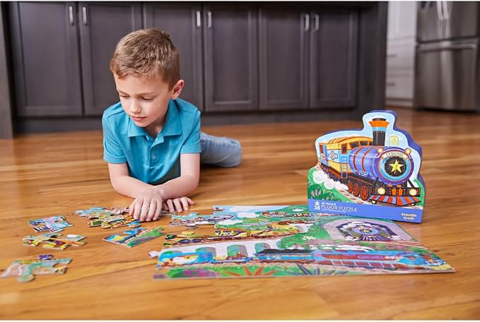 Crocodile Creek 36-Piece Jigsaw Floor Puzzle - Fun Floor Puzzles for Kids Ages 3-5 - Heavy-Duty Shaped Box for Storage - All Aboard - 24" W x 18" H Finished