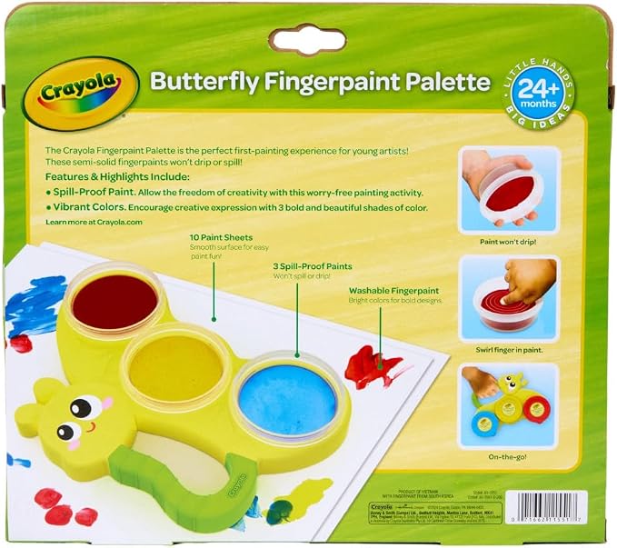 Crayola Butterfly Fingerpaint Pallette (3ct), Washable & Spillproof Fingerpaint for Toddlers, Less Mess Paint, Toddler Gift, Ages 2+