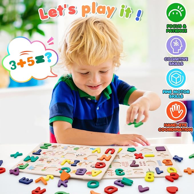 Attmu Alphabet Wooden Puzzles for Toddlers 2 Pcs ABC Shape Number Puzzle | Learning Toys for Kids, Preschool Educational Activities Toddler Gift Toys for Girls Boys Christmas Valentines Easter