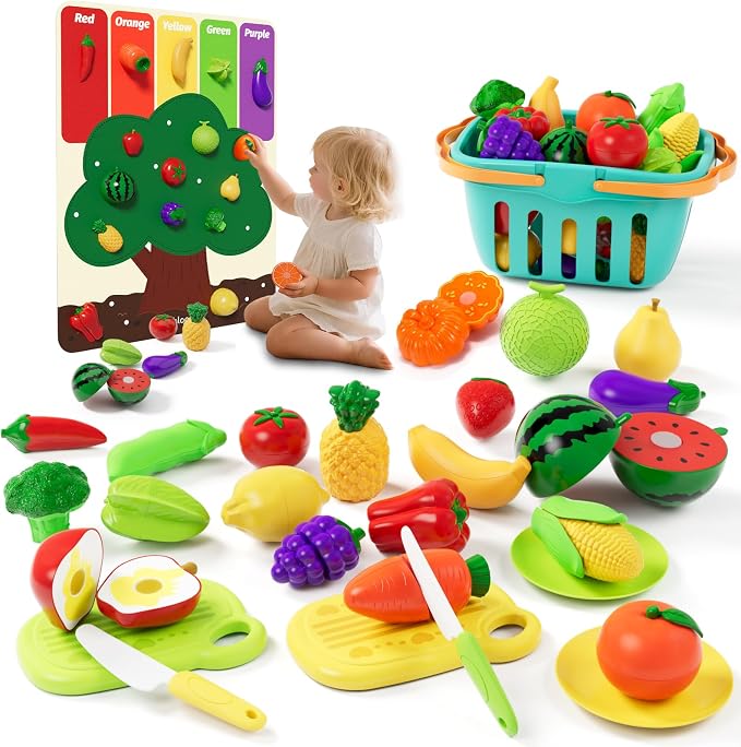 Color Sorting Play Food Set with Cutting Fruits&Felt Tree Mat | Pretend Food Play Kitchen Accessories,Food Playset, Preschool Learning Toys for Kids Ages 3 4 5 6 Boys Girls Gift