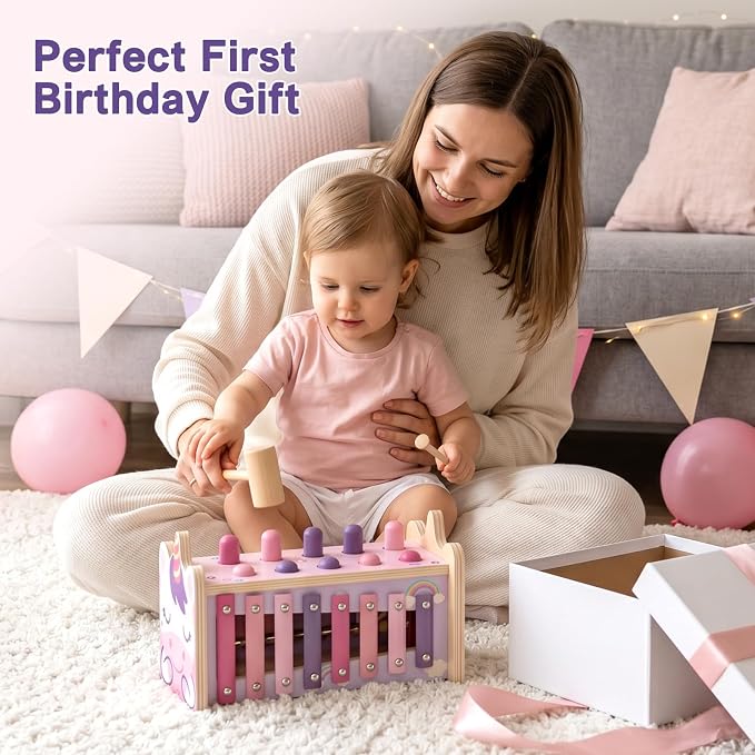 Wooden Montessori Toys for 1 Year Old, 1st Birthday Gift for Girls 1-3 | Pounding Hammering Toy with Xylophone, Toddler Learning Toy, Pink Unicorn Design, Educational Musical Baby Toy 12-18 mouth
