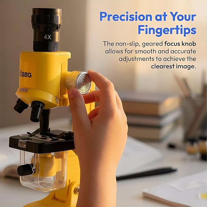 Little World Kids Microscope with LED Light - 100X/400X/1200X Magnification | Beginner science kit, includes prepared 12 slides, monocular view, educational STEM gift for ages 5-12, Yellow