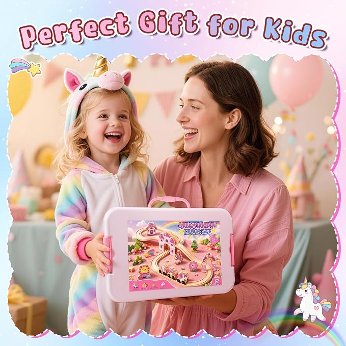 Unicorn Wooden Train Set for Girl 3-5, Birthday Gifts Toys for 2 3 4 5 6 Year Old Toddler Girls, Learning Gift Toy for Toddlers Kids Age 2-4, 32PCS Princess Castle Train Track Sets with Storage Box