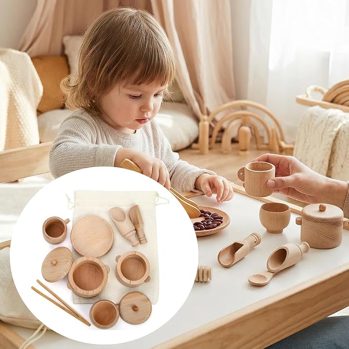 Hiceeden Set of 11 Wooden Sensory Bin Tools for Kids, Sensory Scoops and Tongs Toys with Bag, Waldorf Montessori Toys for Fine Motor Skill Learning