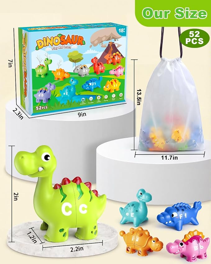 Dinosaur Alphabet Learning Toys for Toddlers Kids 3-5, 10 Unique Dinos | 26 Colorful Alphabet Dinosaurs | Child-Friendly Design | Learning Feels Like Play | Fine Motor Toys | Perfect Toddler Gift