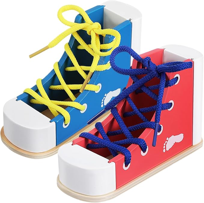 STOBOK 2pcs Learn to Tie Shoes for Kids with Wooden Lacing Sneaker Toy | Tie-Up Shoe Practice Kit Threading Montessori Educational Toys (Blue + Pink)