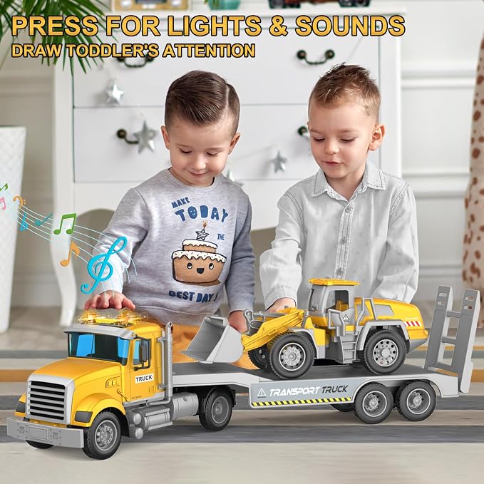 DOWELLIN Transport Truck Toys for Kids, Includes Semi Carrier Car and Bulldozer Trucks, Cars Toy Vehicle Birthday Gift for 3+ Years Old Boys Girls Child