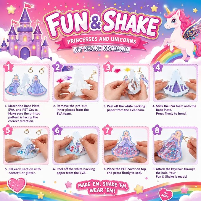 DIY Glitter Craft Kit with Keychains - Mess-Free Arts and Crafts for Kids Ages 4-8, Fun Shake-It Activity, Creative Travel Toys, Party Favors & Birthday Gifts for Girls 4-9