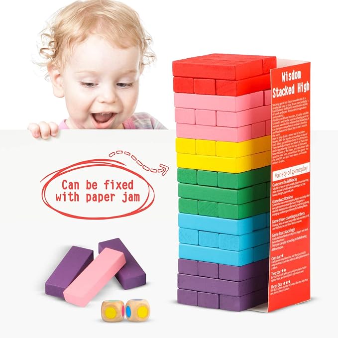 Wooden Blocks Stacking Games 48PCS Tumbling Tower for Kids Families | Tumbling Stacking Blocks Game for Kids and Families, Wood Colorful Balancing Blocks Montessori Toys for Kids with Storage Bag