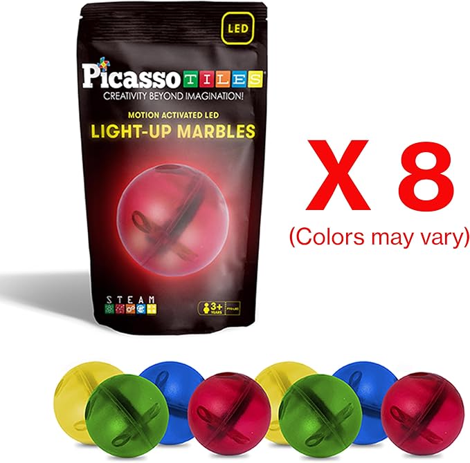PicassoTiles Motion Activated Marbles 8pc LED Light-Up Glow in The Dark Translucent Balls for Marble Run Race Racetrack Maze Magnetic Construction Magnet Tiles Building Block STEM Education Kids Toys