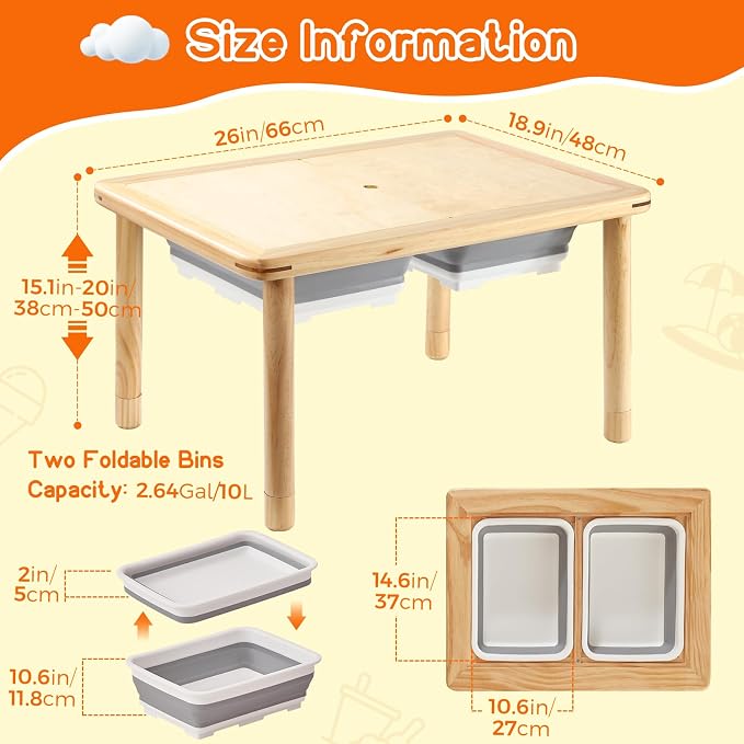 FUNLIO Wooden Sensory Table for Toddlers 1-5, 3-Level Height Adjustable Kids Activity Table with Anti-Warping Plywood Lid, Indoor/Outdoor Play Sand and Water Table, CPC Certified