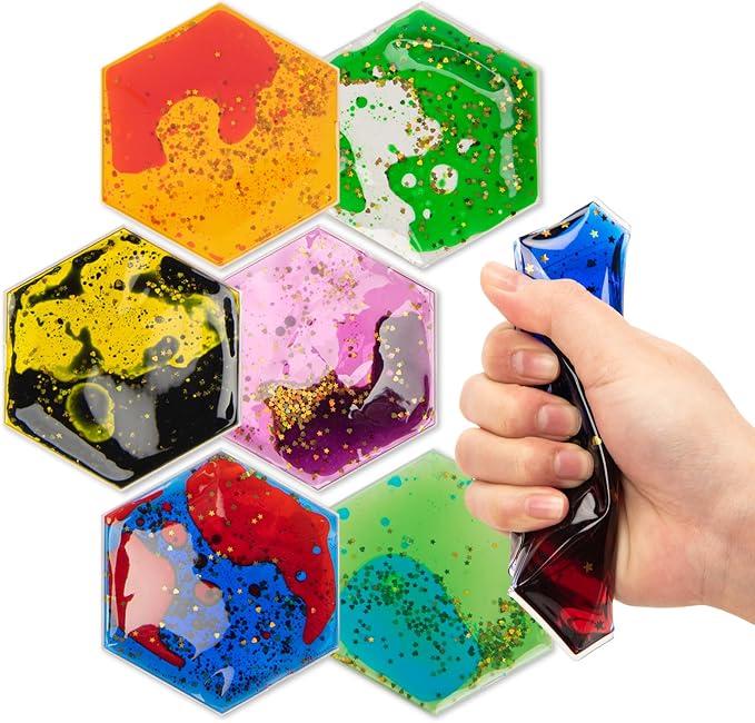 Art3d Hexagon Sensory Fidget Multicolor Liquid Motion Tiles, 6-Pack | Lightweight, Boost Focus, Relieve Anxiety, Eco-Friendly, Varied Colors & Shapes, Suitable for Kids, Teens