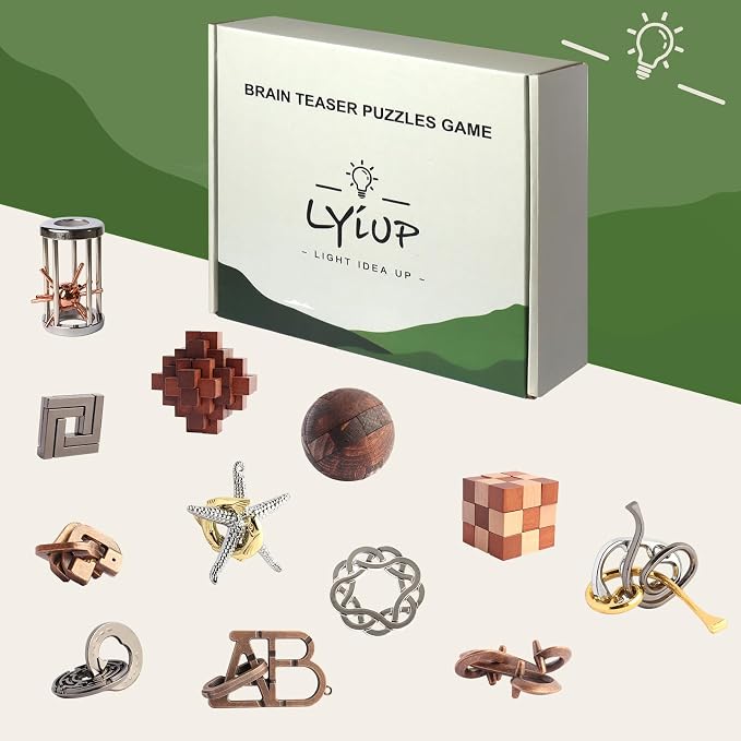 Puzzles Toys Brain Teaser Puzzles 12pcs Ring Puzzles Metal Wooden Puzzles Logic Lock for Adults Kids Toy Gift for Teens