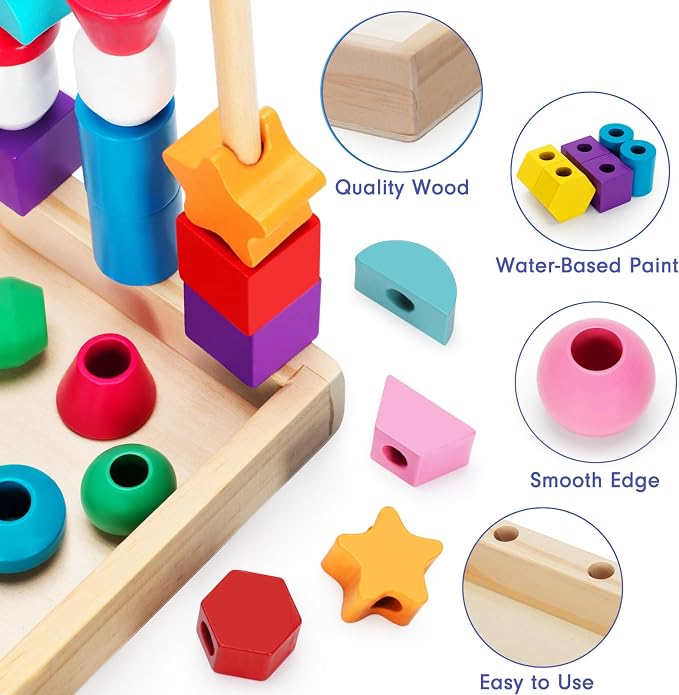 TooyBing Montessori Wooden Lacing Beads Toys for 3 4 Year Old Toddler Kids, Sequencing & Stacking Block Toy with Storage Box, STEM Preschool Learning Toys, Christmas Birthday Gifts for Boys Girls