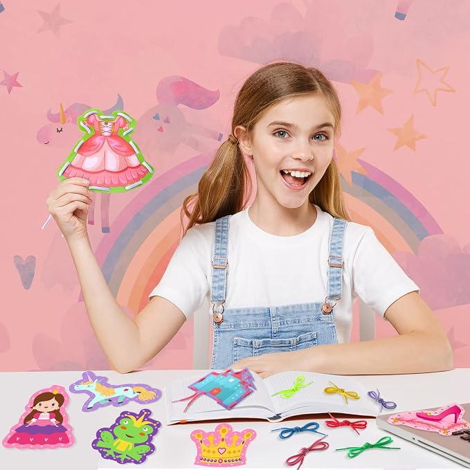 Zonon 8 Pcs Kids Lacing Cards Sewing Cards in 8 Patterns Princess Castle Sewing Kit Lacing Toy Game Favors for Preschool Developing Imagination Education Supplies Kids Children Toddler Ages