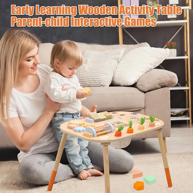 Wooden Activity Table for 1 Year Old Toddlers Sensory Table Activity Center | Wood Montessori Baby Activity Table Shape Sorter Game Sensory Toys for 2 1-3 Kids Gift (Length*Height: 17"*11.8")