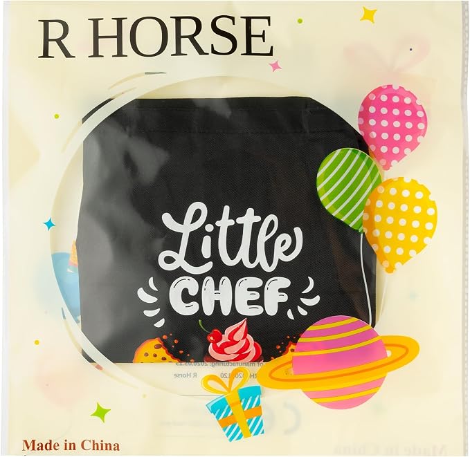 R HORSE 2 Pieces Kid Apron and Chef Hat Set, Dress up Pretend Play Toy | Black Little Chef Adjustable Children Kitchen Apron with Pockets, Ideal for Cooking, Baking, Painting, Cooking Birthday Gift