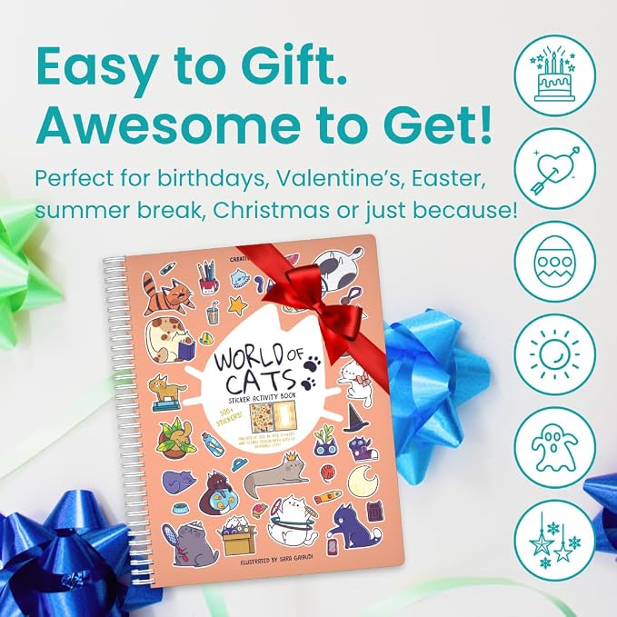 Cupkin A World of Cats Coloring & Sticker Activity Book | 300+ Stickers | Spiral-bound kids craft format with 8 scenes, 8 art pages, side-by-side viewing, and an easy-peel design for ages 2–8