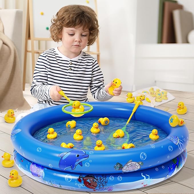 Duck Matching Game Toys for Kids - 20 Plastic Ducks with Numbers,34" x 7" Kiddie Pool | Storage Bag, 2 Nets - Fun Memory Games - Water Outdoor Game for Children,Preschoolers,Birthday Party Carnival
