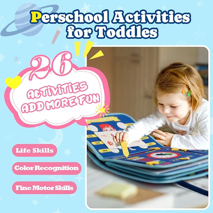 Montessori Busy Board & Busy Book for Toddlers, 25+ Learning Activities Sensory Toy, Fine Motor Skills Educational Activity Book, Quiet Travel Toy for Airplane & Car, Birthday Gift for Boys Girls