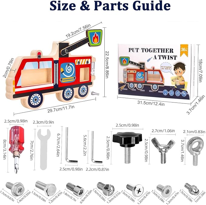 Wooden Fire Truck Screw Activity Board with Tools, Montessori-Inspired, 3+ | Removable screws and pieces for matching, turning and refitting, with storage bag for tidy pack-away