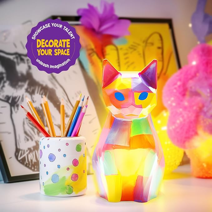 Paint Your Own Cat Lamp Kit, Crafts for Kids Ages 6-12, Gifts for Girls Boy | Cat painting kit with paints and 3D night light; arts and crafts activity, room decor and birthday gifts for kids ages 6-12