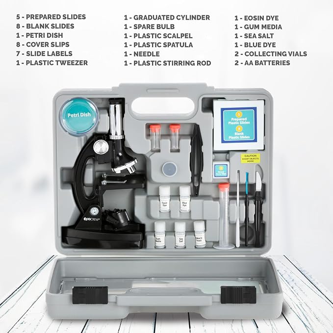 AmScope M30-ABS-KT2 52-Piece STEM Microscope Kit for Kids, Black | Monocular Head Compound Biological Microscope