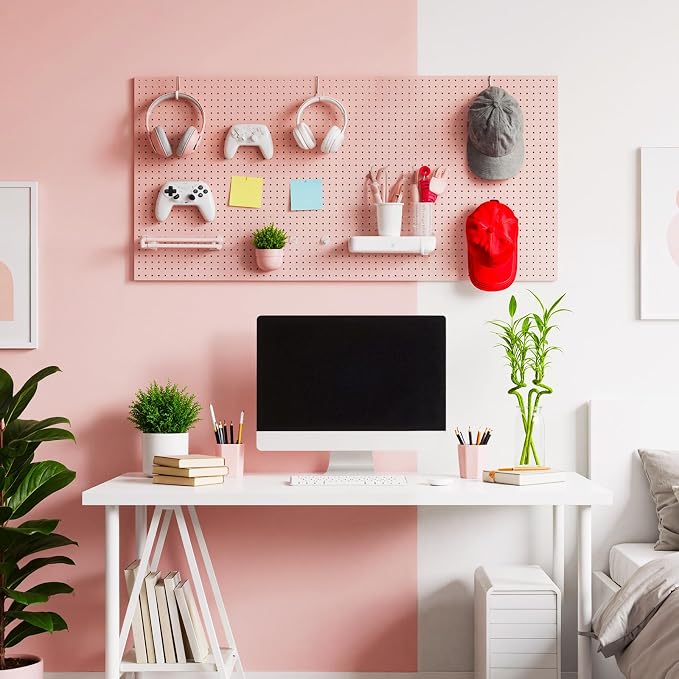 Peg Board, 3 Pack Metal Pegboard Panels Pink Pegboards Wall Organizer with Frame Large Heavy Duty Peg Board with Hooks for Walls Home, Garage Tool Storage, Office, Craft Room, Kitchen 24”×16”