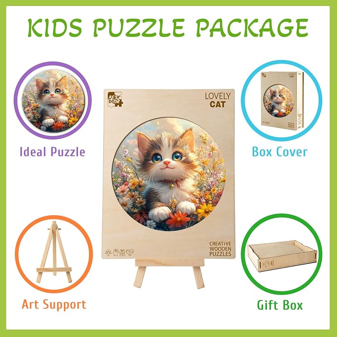 Animals Wooden Puzzles for Kids - Lovely Cat | 50 Piece Puzzles for Kids Ages 6-8, Kids Puzzles with Unique Animal Shapes, Round Gift for Girls and Boys (11.4 * 11.4 in)