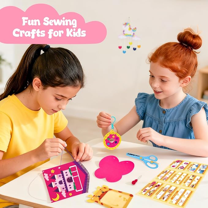 MGparty My First Sewing Kit for Kids - 8 Easy DIY Sewing Crafts with Bunny Pillow & Unicorn Wind Chime, Beginner Learn-to-Sew Craft Set for Girls & Boys Ages 5+, Screen-Free Educational Gift