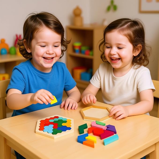 Yopay 6 Pack Wooden Tangrams Puzzles for Kids, 6 Styles Brain Teaser Hexagon Puzzle Block Geometric Shapes Jigsaw 3D Logic IQ Game