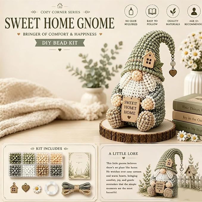 3D Beaded Gnome Craft Kit, 7.1in Non Slip Stable Structure Bead Threading Project Box, Handmade Gnome DIY Toy Set with Charms for Kids Ages 6 Plus Adults