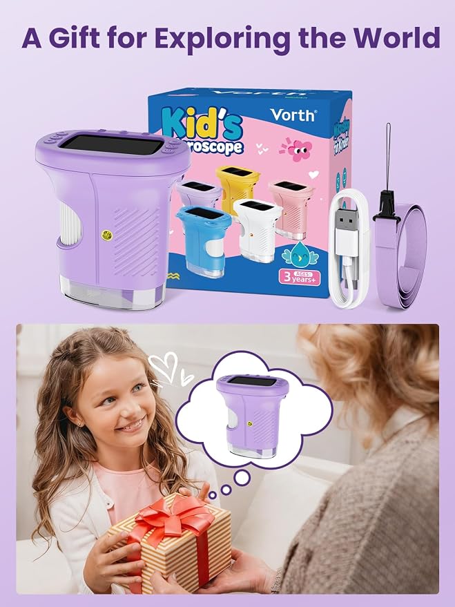 Microscope for Kids, 2.4 Inch Digital Microscope with 1000X Magnification, Handheld Camera Mini Pocket Magnifying Glass, Educational Birthday Gifts Toys for Ages 3+, Purple